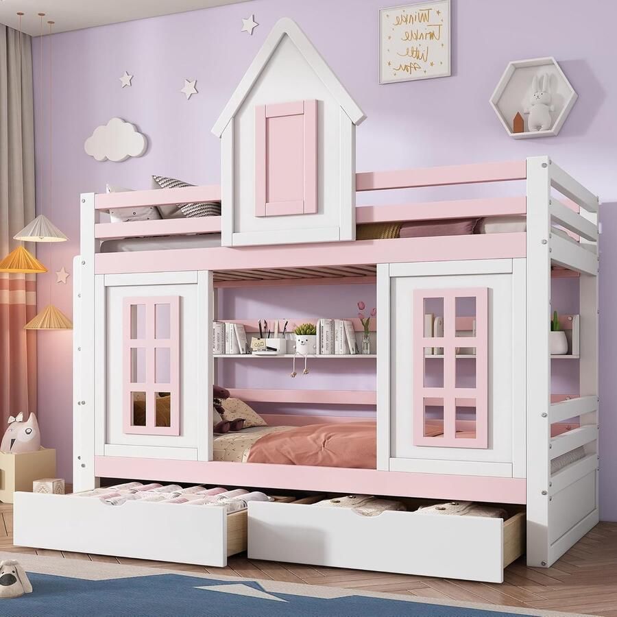 Hoogslaper voor kinderen met fantasie design 90 x 200 cm stapelbed met lattenbodem inklapbare laden valbescherming en planken wit en roze
