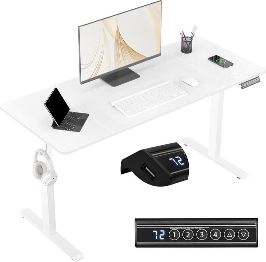 Hoogte-instelbaar bureau 100 x 60 cm elektrisch bureau computerbureau met USB-oplaadpoort sta-bureau met geheugenbediening wit