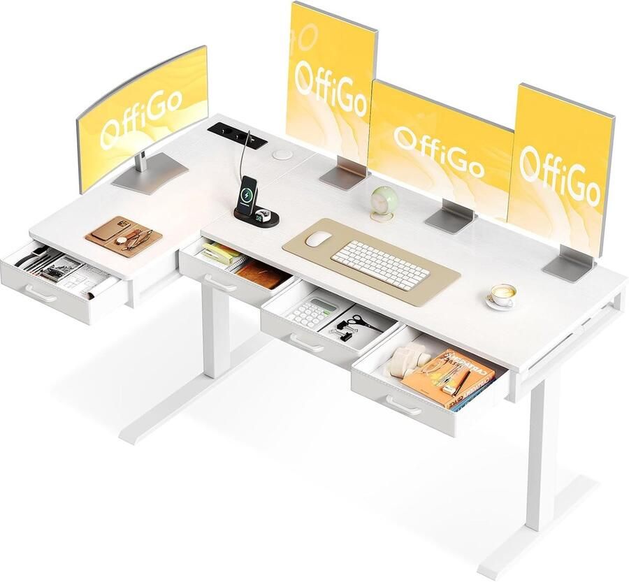 Hoogte Verstelbaar Bureau 160x80cm met 4 Lades en Stopcontact Elektrisch L Vormig Staand Bureau voor Kantoor en Studie