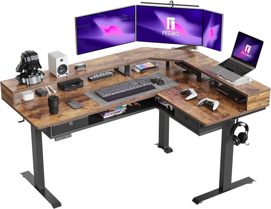 Hoogte verstelbaar bureau met LED-strip L-vormig staand bureau met monitorstandaard en 2 lades Groot hoekbureau met 3 motoren