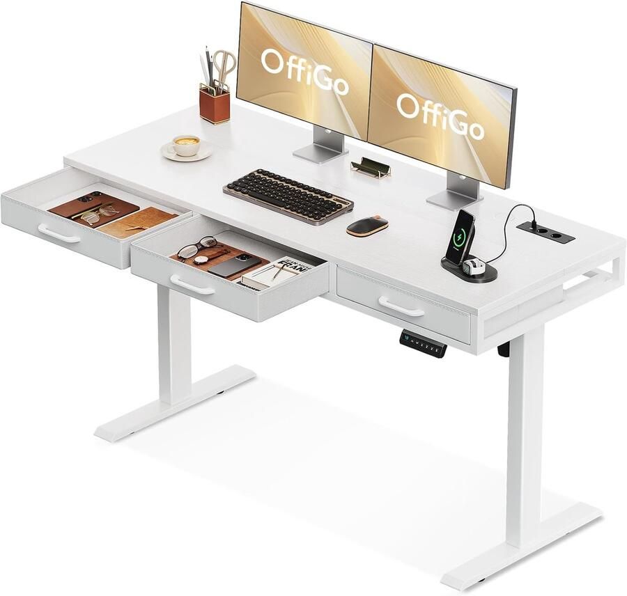 Hoogte Verstelbaar Bureau met Stopcontact en Lades Elektrisch Bureau 140 cm in Wit