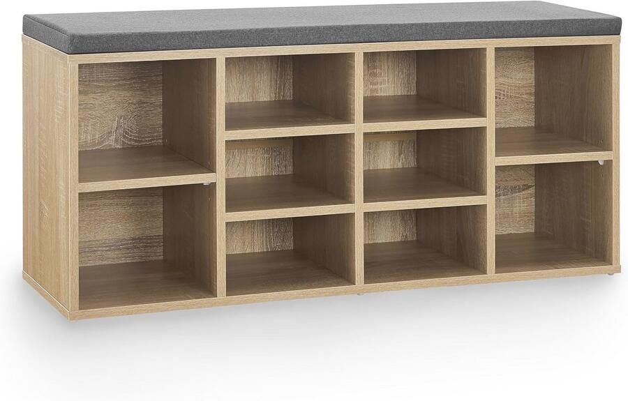 Hoogte verstelbaar houten schoenenrek met 10 vakken en zitbank