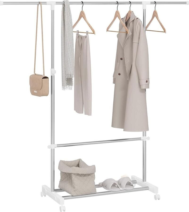Hoogte verstelbaar kledingrek op wieltjes met uittrekbare kledingstang en plank multifunctioneel garderobe accessoire