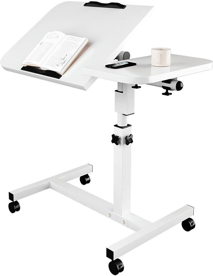 Hoogte verstelbare C-vorm bijzettafel veelzijdig en inklapbaar 1 stuk wit met wielen
