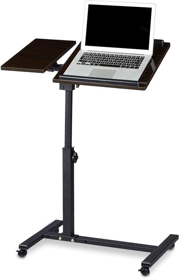 Hoogte verstelbare Laptoptafel HBT 95 x 60 x 40 cm Notebook standaard voor linkshandigen Bijzettafel met wielen en plank voor muis Ebbenhout zwart