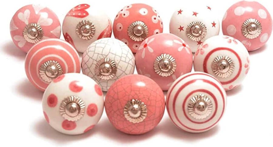 Hoogwaardige keramische deurgrepen twaalf verschillende keramische knoppen in roze en wit met gemengde designs voor kastdeuren en lades