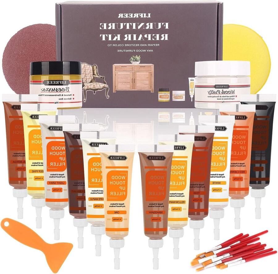 Houten Meubel Reparatieset met 6 houtvullers 6 bijwerkmarkers en houtpoetswas voor krassen vlekken en scheuren op houten meubels deuren laminaat en tafels - Foto 2