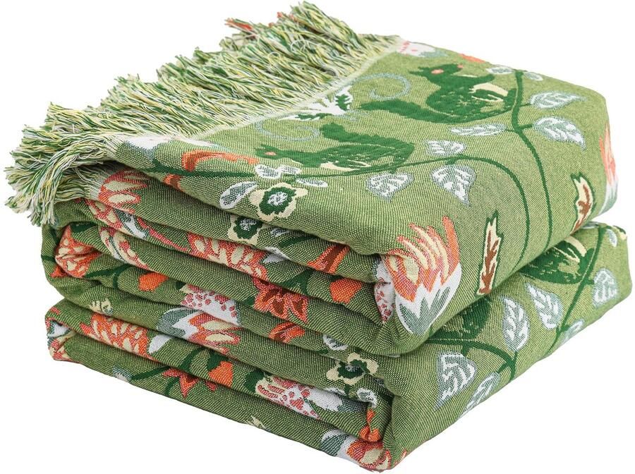 HOORDRY Boho Bedsprei voor Bed 100% Katoenen Deken met Eekhoorn en Vogel Bloemenprint Dubbelzijdige Bedsprei Decoratief voor Tweepersoonsbed Bank Stoel 230 X250CM