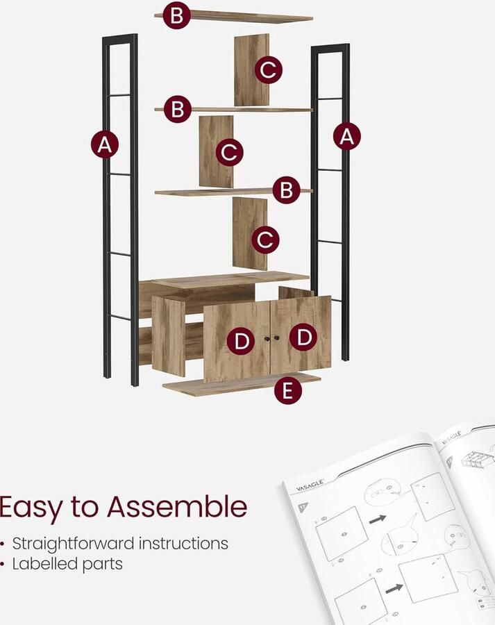 Hoppa! Boekenplank opbergplank grote boekenkast met deuren 4 planken stalen structuur industriële stijl voor woonkamer kantoor geroosterd eikenkleur en zwart LBC022B50 - Foto 2