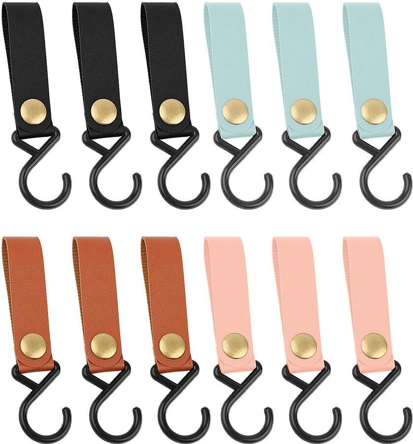 Hopton 12 stuks S-kleurige haken met leren lus haken voor kledingroede gekleurd 16 x 3 cm haken om op te hangen S-vormige leren kunststof kledinghaken voor kledingkast keuken badkamer camping