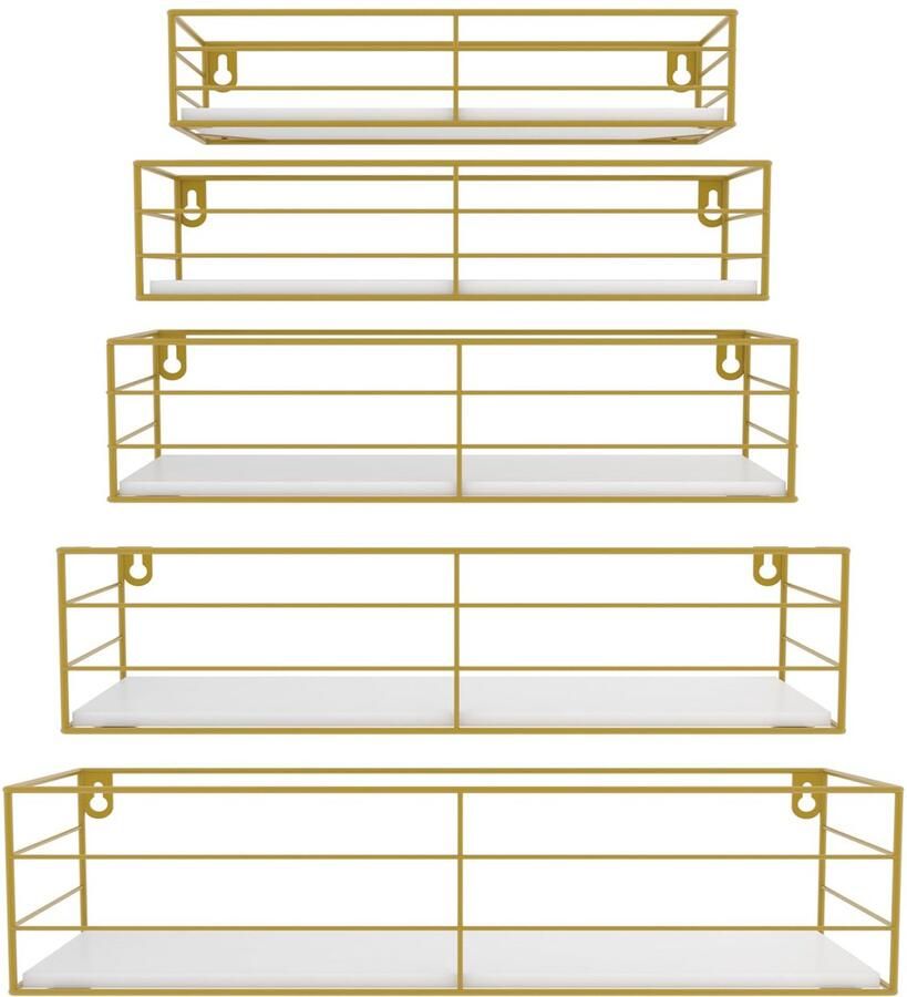 HORLIMER Set van 5 wandplanken zwevende planken met gouden metalen staven en wit houten bord moderne wandplanken voor keuken badkamer slaapkamer woonkamer en kantoor (rechthoekig)