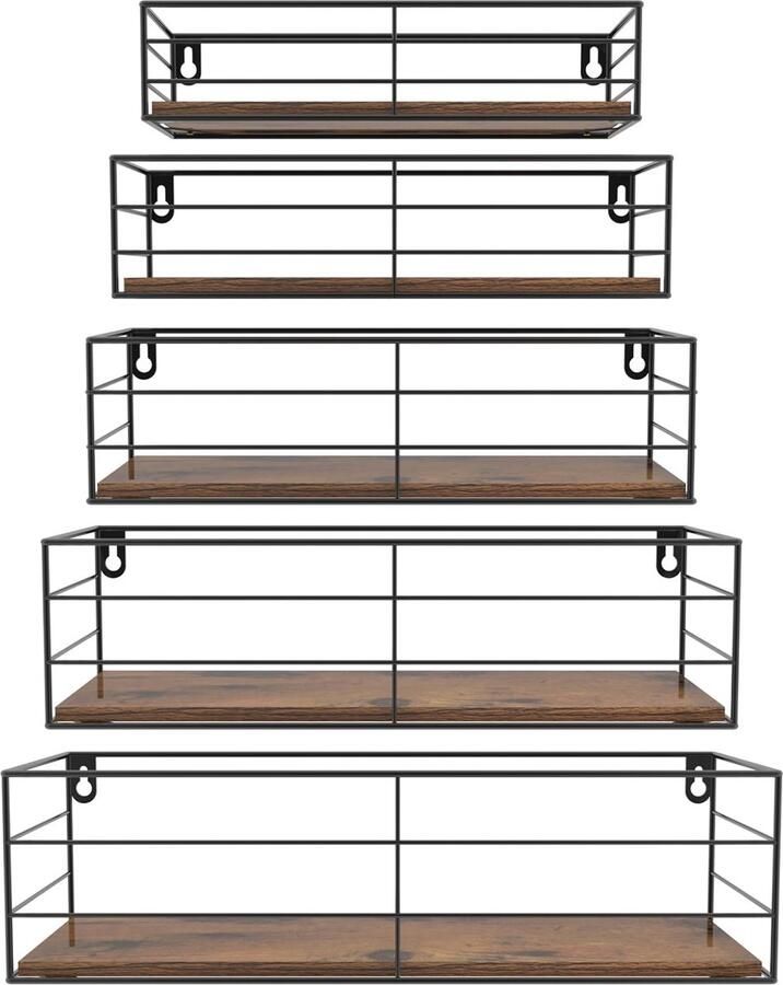 HORLIMER Set van 5 wandplanken zwevende planken met zwarte metalen staven en bruin houten bord rustieke plankenwand voor keuken badkamer slaapkamer woonkamer en kantoor (rechthoekig)
