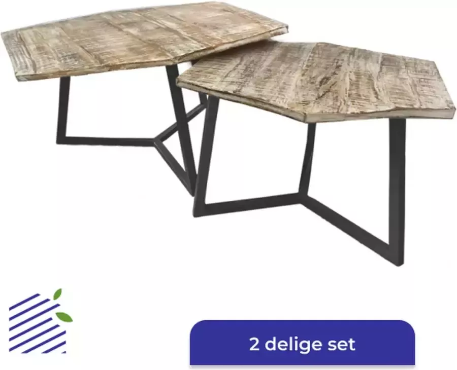 Hornova Handgemaakte Salontafel Tweedelig Massief Metalen Frame Gerecycled Hout Industriëel Zwart Wit gekalkt Mangohout Industrieel Vijfhoek