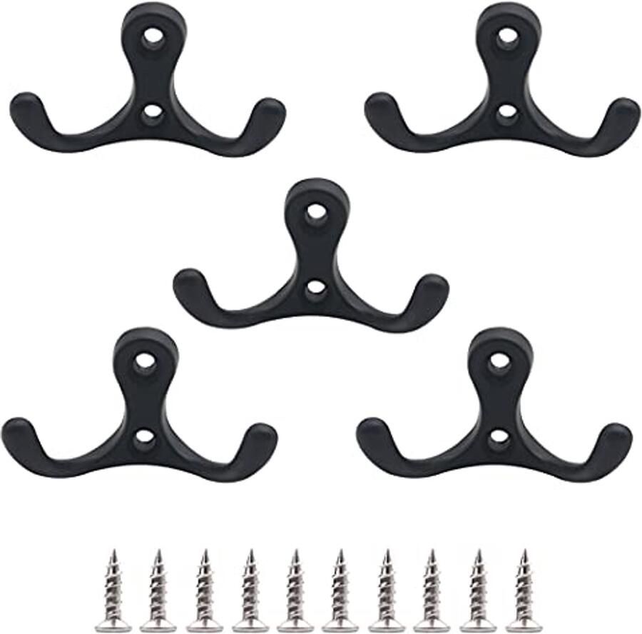 Hoshen 5 stuks wandkapstok dubbele vork kapstokken zinklegering dubbele haken (inclusief 10 schroeven) geschikt voor Europese stijl binnen en buiten retro huisdecoratie zwart