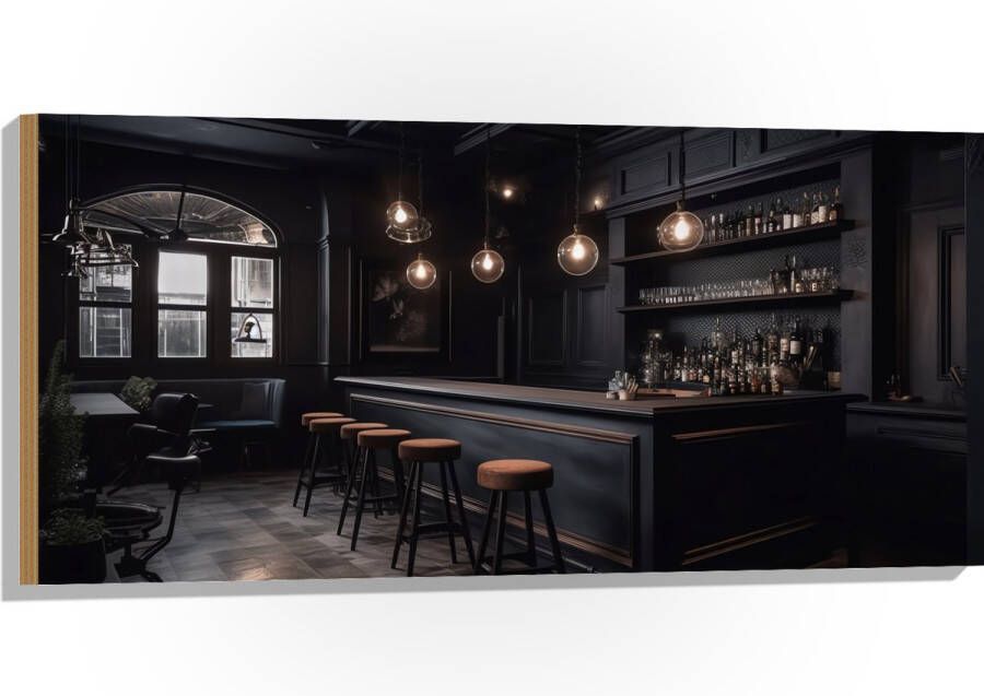 Hout Bar Krukken Tafels Stoelen Planten Drank Flessen Zwart 100x50 cm 9 mm dik Foto op Hout (Met Ophangsysteem)