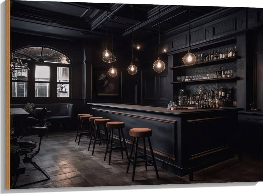 Hout Bar Krukken Tafels Stoelen Planten Drank Flessen Zwart 100x75 cm 9 mm dik Foto op Hout (Met Ophangsysteem)