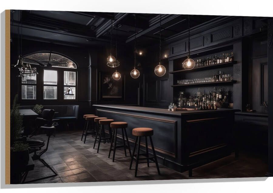 Hout Bar Krukken Tafels Stoelen Planten Drank Flessen Zwart 105x70 cm 9 mm dik Foto op Hout (Met Ophangsysteem)