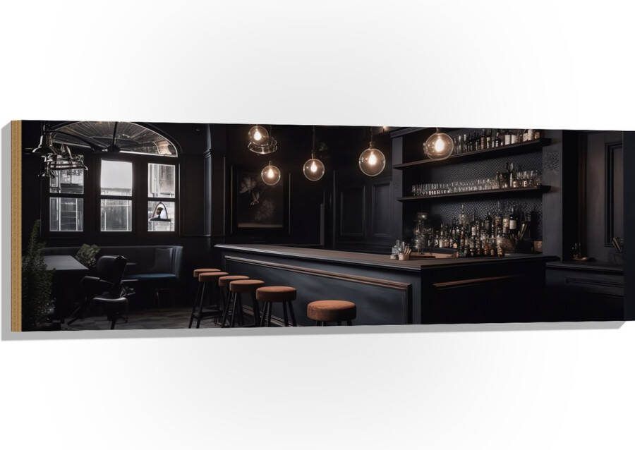 Hout Bar Krukken Tafels Stoelen Planten Drank Flessen Zwart 120x40 cm 9 mm dik Foto op Hout (Met Ophangsysteem)