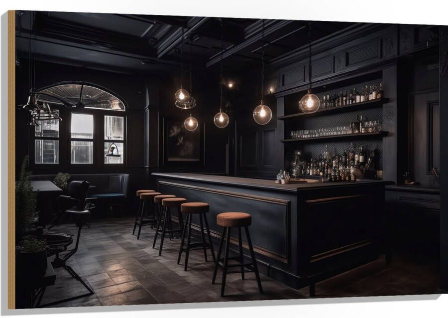 Hout Bar Krukken Tafels Stoelen Planten Drank Flessen Zwart 120x80 cm 9 mm dik Foto op Hout (Met Ophangsysteem)