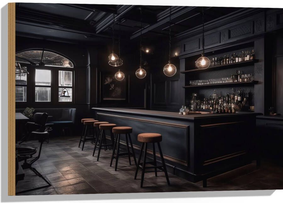 Hout Bar Krukken Tafels Stoelen Planten Drank Flessen Zwart 75x50 cm 9 mm dik Foto op Hout (Met Ophangsysteem)