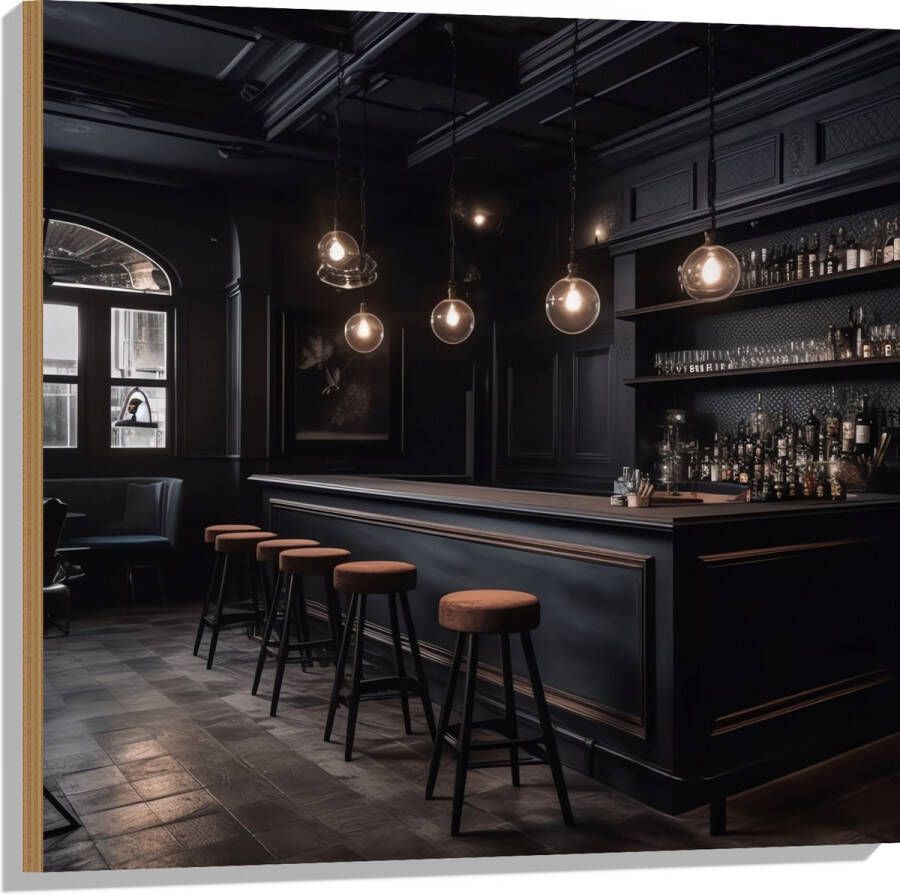 Hout Bar Krukken Tafels Stoelen Planten Drank Flessen Zwart 80x80 cm 9 mm dik Foto op Hout (Met Ophangsysteem)