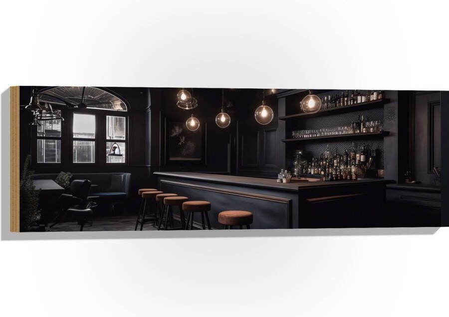 Hout Bar Krukken Tafels Stoelen Planten Drank Flessen Zwart 90x30 cm 9 mm dik Foto op Hout (Met Ophangsysteem)