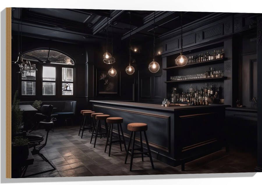 Hout Bar Krukken Tafels Stoelen Planten Drank Flessen Zwart 90x60 cm 9 mm dik Foto op Hout (Met Ophangsysteem)