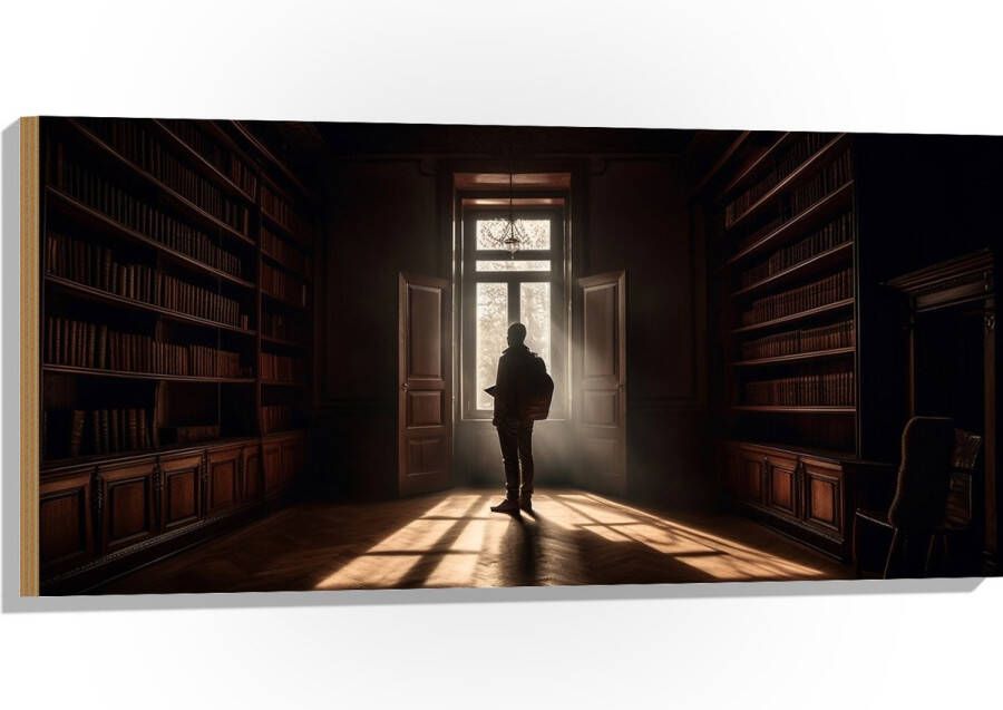 Hout Bibliotheek Man Boeken Leeg 100x50 cm 9 mm dik Foto op Hout (Met Ophangsysteem)