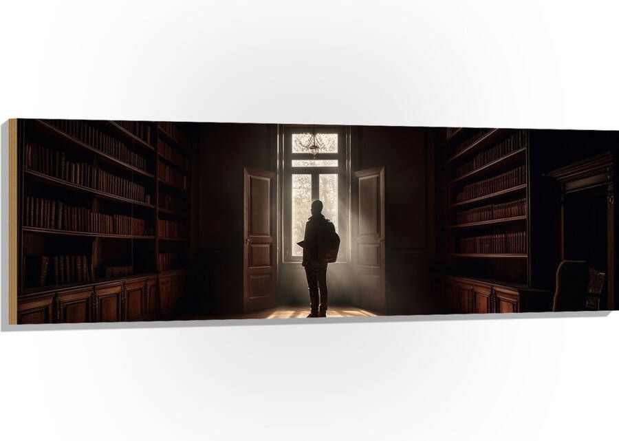 Hout Bibliotheek Man Boeken Leeg 150x50 cm 9 mm dik Foto op Hout (Met Ophangsysteem)