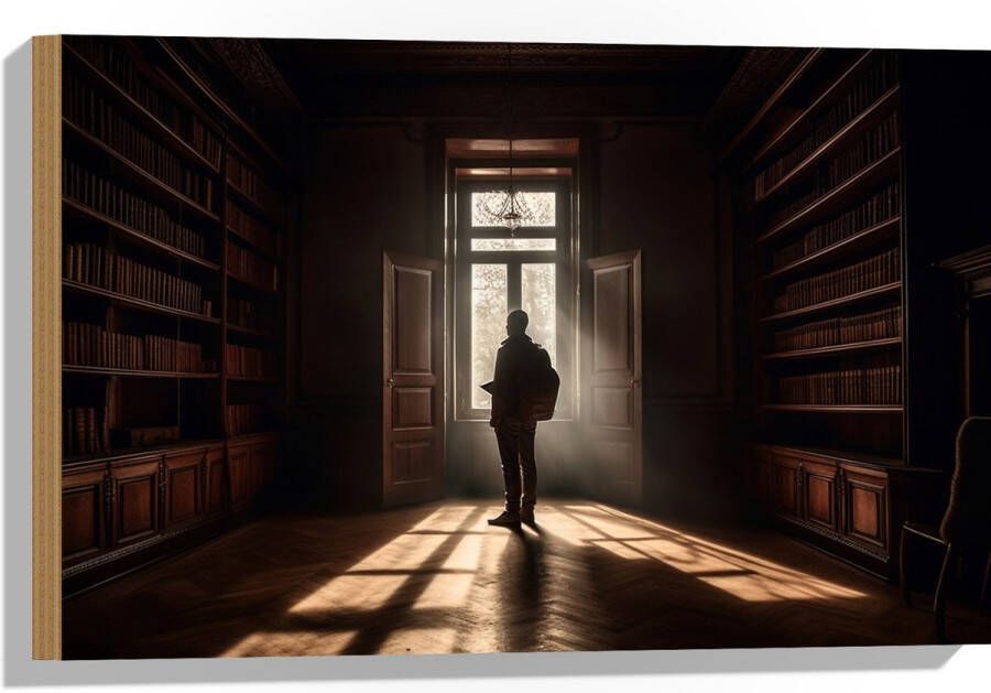 Hout Bibliotheek Man Boeken Leeg 60x40 cm 9 mm dik Foto op Hout (Met Ophangsysteem)