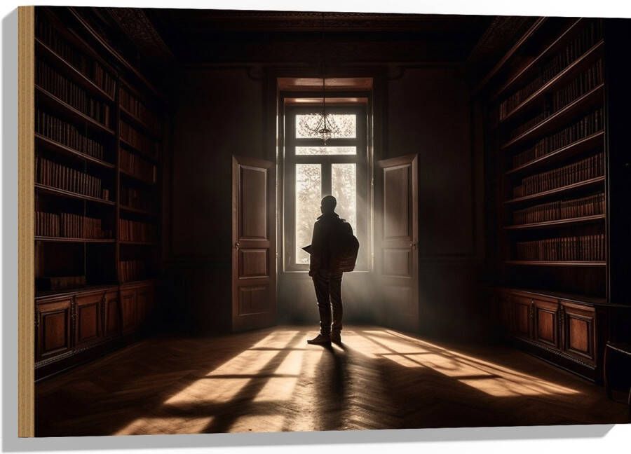 Hout Bibliotheek Man Boeken Leeg 75x50 cm 9 mm dik Foto op Hout (Met Ophangsysteem)