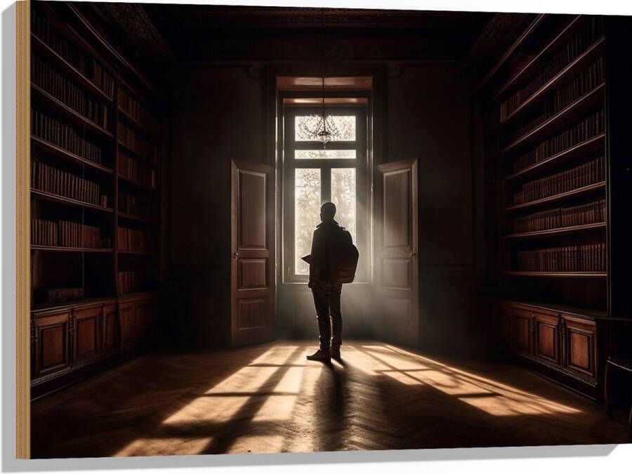 Hout Bibliotheek Man Boeken Leeg 80x60 cm 9 mm dik Foto op Hout (Met Ophangsysteem)