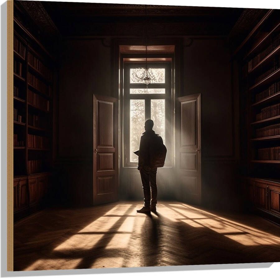 Hout Bibliotheek Man Boeken Leeg 80x80 cm 9 mm dik Foto op Hout (Met Ophangsysteem)