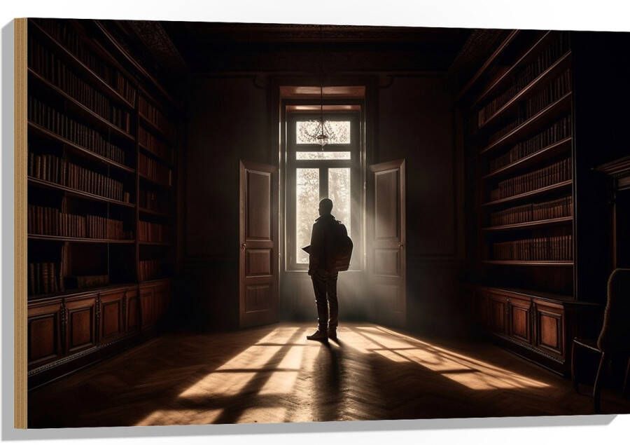 Hout Bibliotheek Man Boeken Leeg 90x60 cm 9 mm dik Foto op Hout (Met Ophangsysteem)