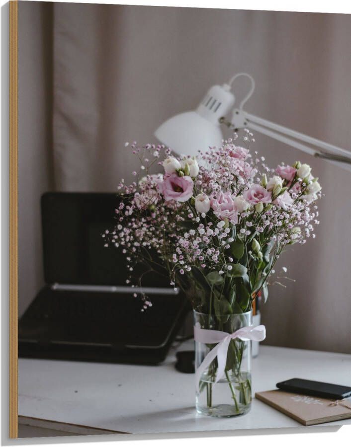 Hout Bloemen Boeket Water Strik Lamp Telefoon Bureau Laptop 75x100 cm 9 mm dik Foto op Hout (Met Ophangsysteem)