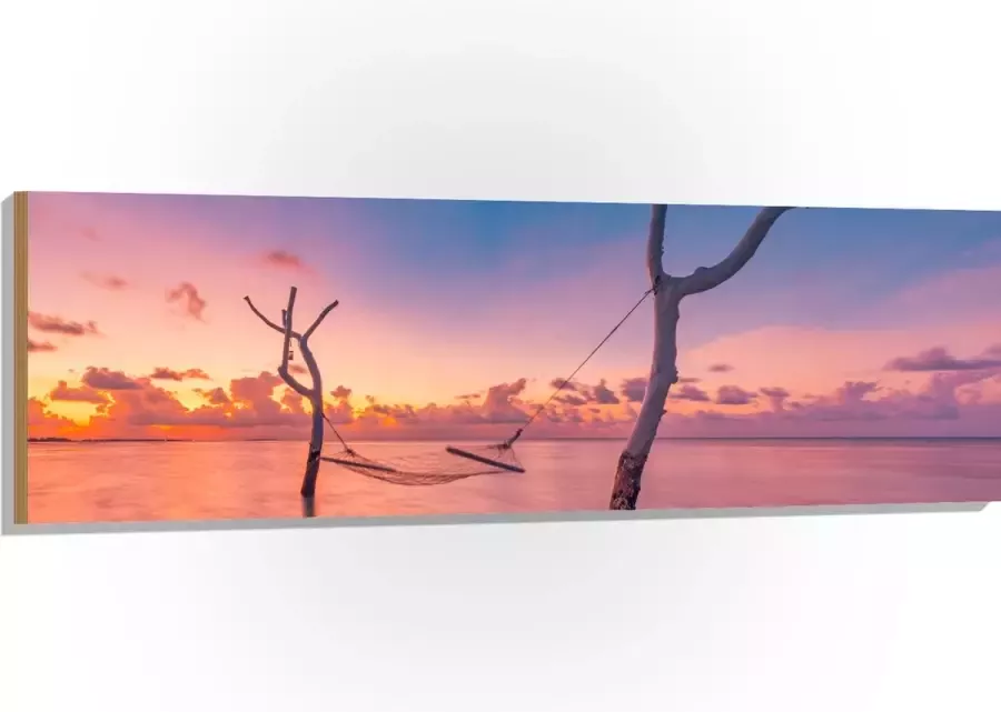 Hout Hangmat tussen Kale Takken in de Zee tijdens Zonsondergang 150x50 cm 9 mm dik Foto op Hout (Met Ophangsysteem)