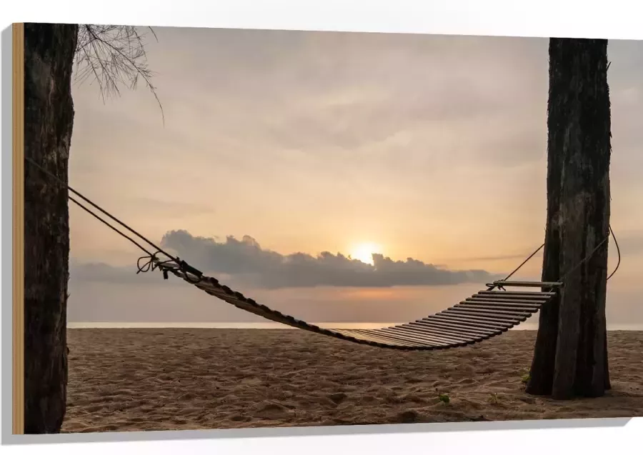 Hout Houten Hangmat tussen Hoge Bomen op het Strand bij Ondergaande Zon 105x70 cm 9 mm dik Foto op Hout (Met Ophangsysteem)
