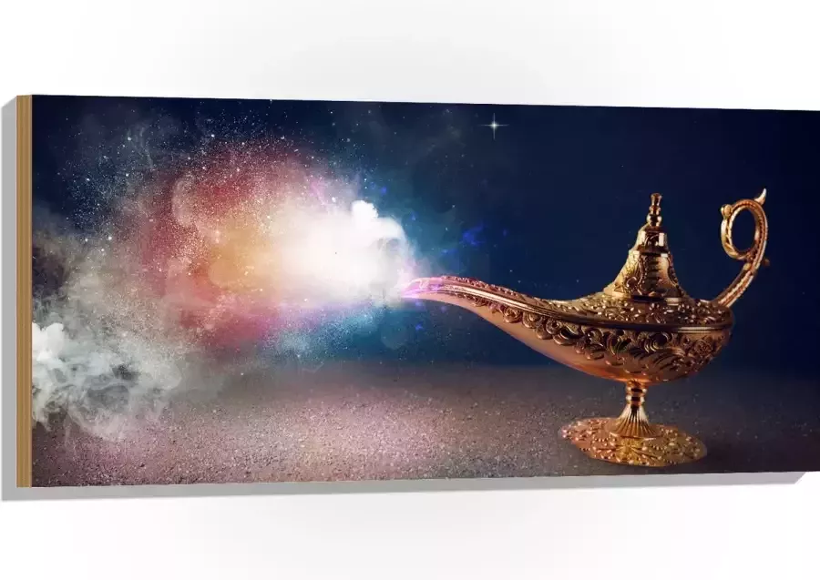 Hout Magische Gouden Lamp met Kleurrijke Rook 100x50 cm 9 mm dik Foto op Hout (Met Ophangsysteem)