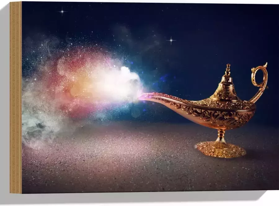 Hout Magische Gouden Lamp met Kleurrijke Rook 40x30 cm 9 mm dik Foto op Hout (Met Ophangsysteem)