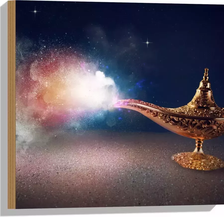 Hout Magische Gouden Lamp met Kleurrijke Rook 50x50 cm 9 mm dik Foto op Hout (Met Ophangsysteem)