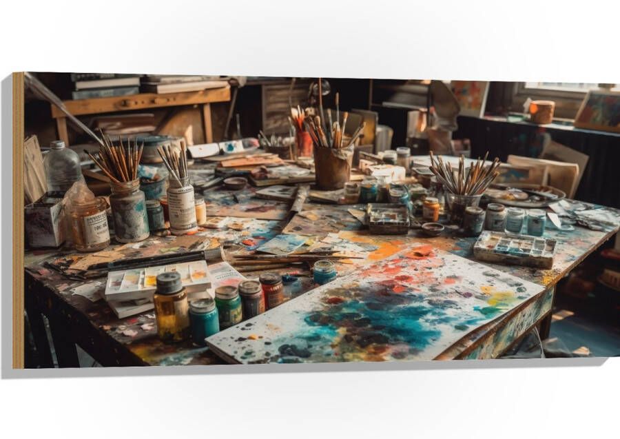 Hout Tafel Verf Kunst Schilderen Kwasten Potjes Kleuren Vellen 100x50 cm 9 mm dik Foto op Hout (Met Ophangsysteem)