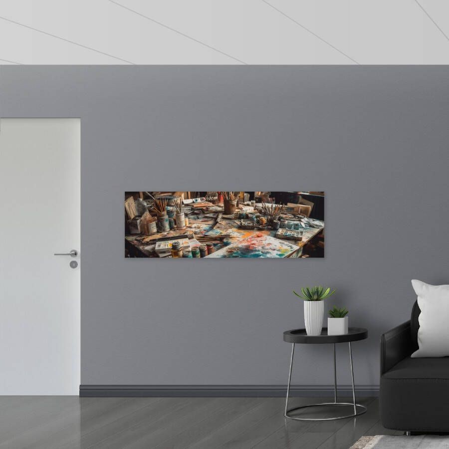Hout Tafel Verf Kunst Schilderen Kwasten Potjes Kleuren Vellen 150x50 cm 9 mm dik Foto op Hout (Met Ophangsysteem)