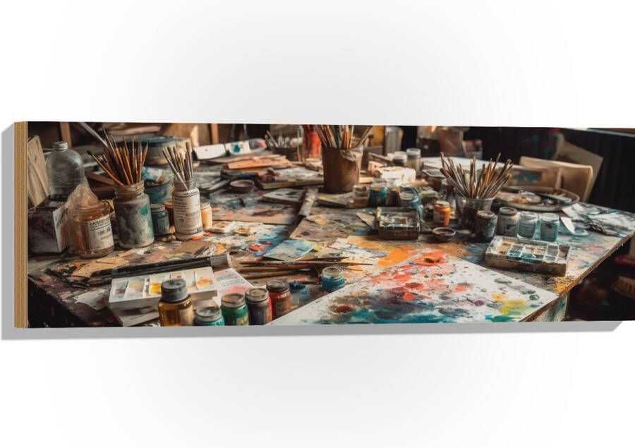 Hout Tafel Verf Kunst Schilderen Kwasten Potjes Kleuren Vellen 90x30 cm 9 mm dik Foto op Hout (Met Ophangsysteem)