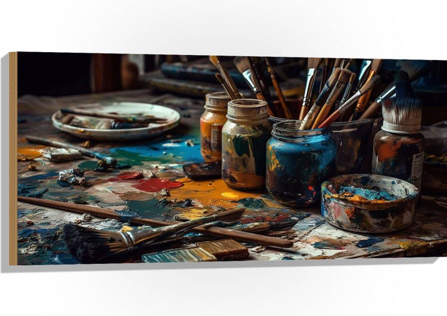 Hout Tafel Verf Kwasten Schilderen Verven -Kunst Kleuren 100x50 cm 9 mm dik Foto op Hout (Met Ophangsysteem)