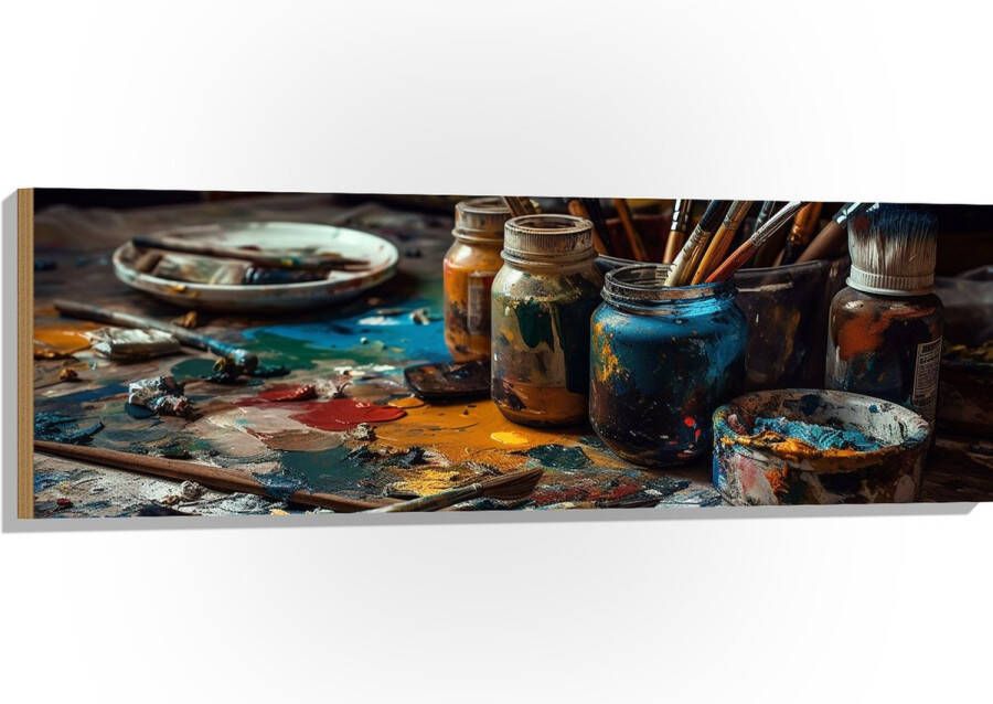 Hout Tafel Verf Kwasten Schilderen Verven -Kunst Kleuren 120x40 cm 9 mm dik Foto op Hout (Met Ophangsysteem)