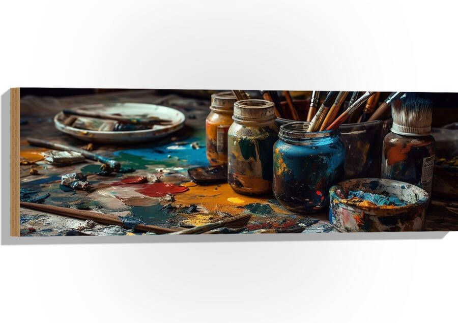 Hout Tafel Verf Kwasten Schilderen Verven -Kunst Kleuren 90x30 cm 9 mm dik Foto op Hout (Met Ophangsysteem)