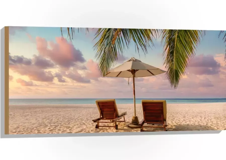 Hout Twee Ligbedden op het Strand met Palmboom 100x50 cm 9 mm dik Foto op Hout (Met Ophangsysteem)