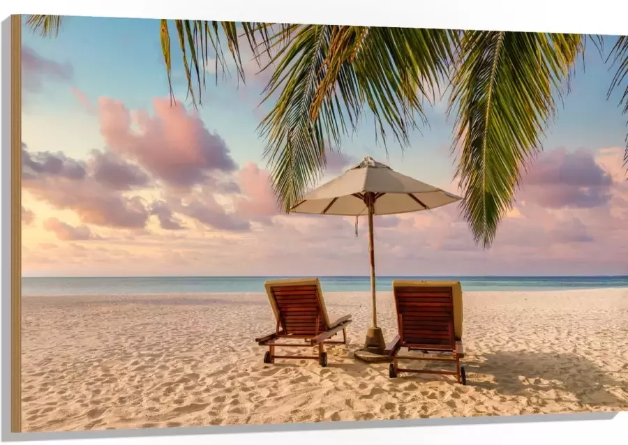 Hout Twee Ligbedden op het Strand met Palmboom 120x80 cm 9 mm dik Foto op Hout (Met Ophangsysteem)