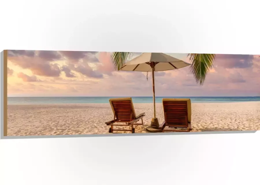 Hout Twee Ligbedden op het Strand met Palmboom 150x50 cm 9 mm dik Foto op Hout (Met Ophangsysteem)