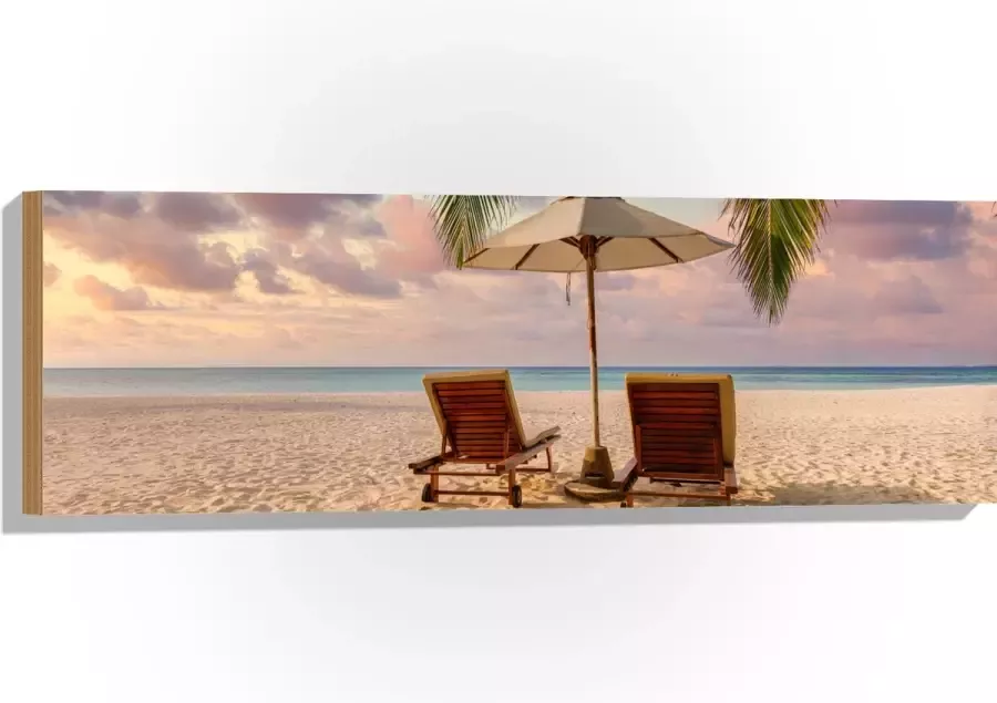 Hout Twee Ligbedden op het Strand met Palmboom 90x30 cm 9 mm dik Foto op Hout (Met Ophangsysteem)